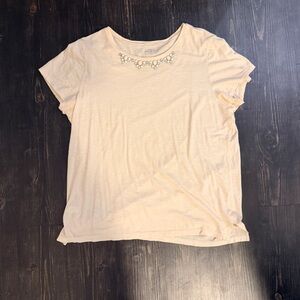 LOFT Cream Short Sleeve Top with Embellished Neckline